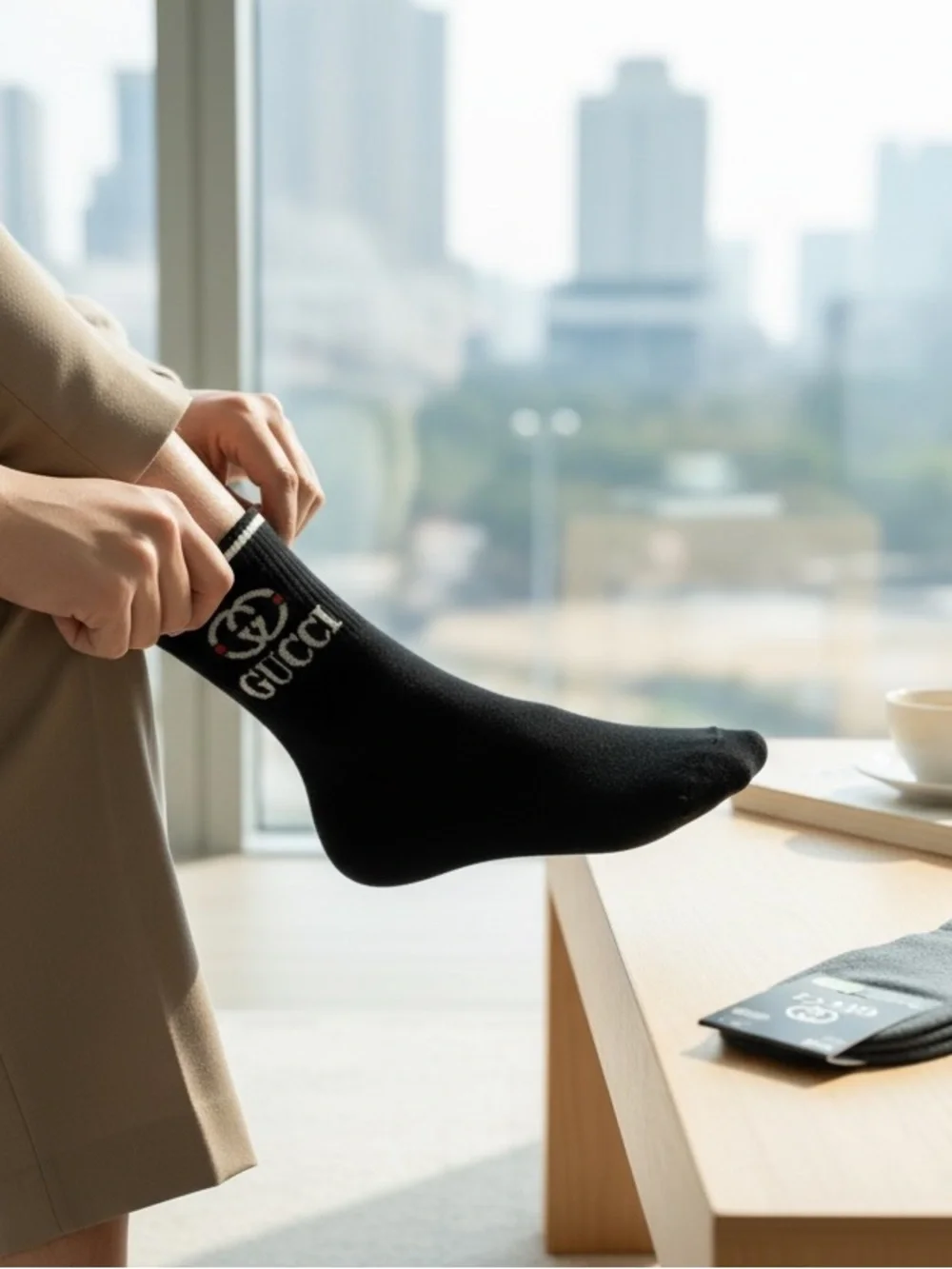 TWO pairs G G luxury crew-length socks medium black and dark grey unisex NEW